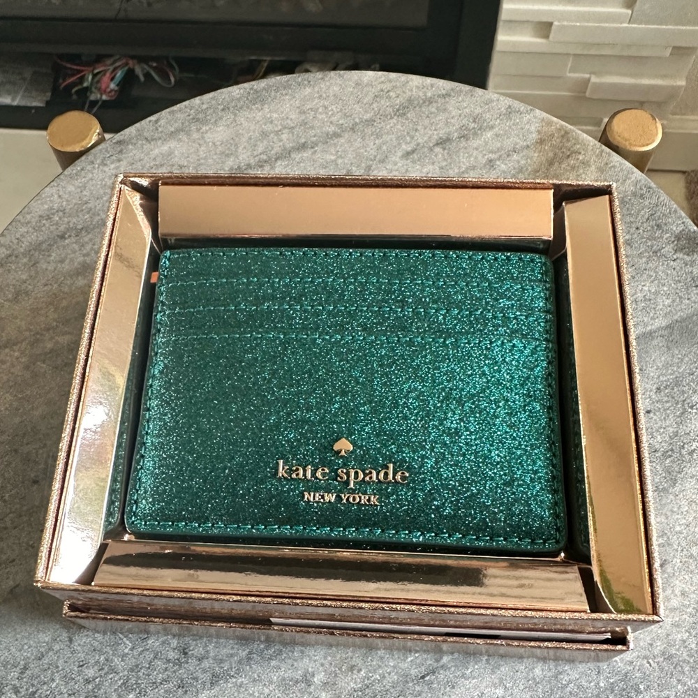 Kate Spade Glimmer Boxed Glitter Small Slim Card Holder Green (NWT)